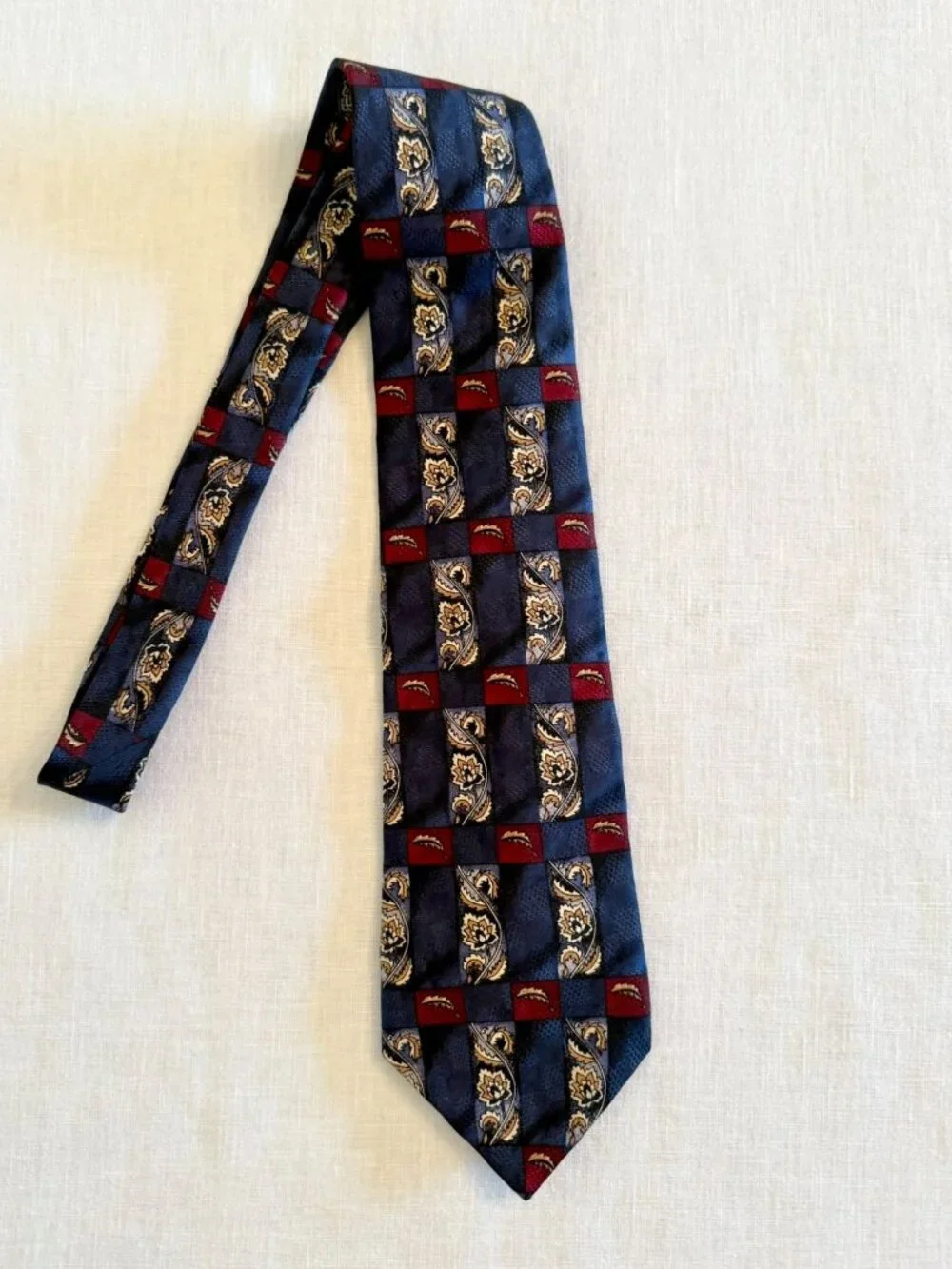 Vintage New Haven Silk Tie Navy Paisley Floral Striped Burgundy Made USA